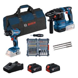 PRO набір з 2 інструментів BOSCH 18V: GSR 18V-45 + GBH 18V-22 + 45шт. набір насадок для викрутки + 3-компонентний набір свердел для перфораторів SDS-plus-5 + 2 x GBA 18V 4.0 Ah + GAL 18V-40 все в коробці(0615V0003D)
