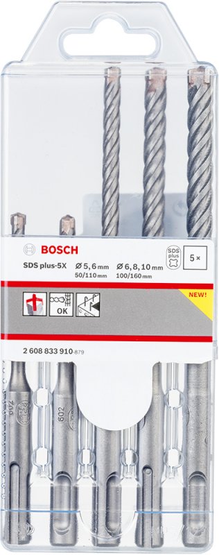 Набір бурів Bosch SDS plus-5X 5/6 x 110мм; 6/8/10 x 160 мм, 5 шт (2608833910) 