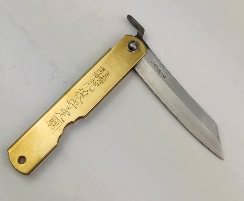 Нож складной Higonokami 100 mm, Aogami сталь, рукоятка - латунь, Honmamon (1115372) 